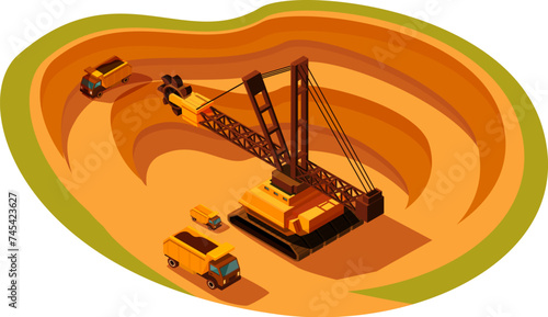 isometric quarry with huge excavator and machines, vector illustration