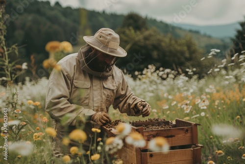 A man stands in a field, attentively inspecting a beehive to ensure the health of the honeybees and enhance hive productivity
