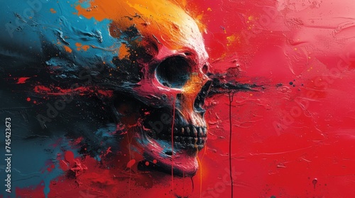 Vibrant Skull Art, Colorful Skeleton Painting, Bold and Bright Skull Portrait, Eye-catching Skull Mural.