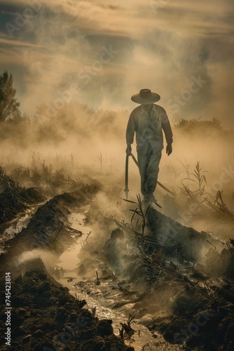 A man wearing a cowboy hat is walking through a field. The field is dusty, and the man appears to be focused on his surroundings. There is a broken irrigation system nearby