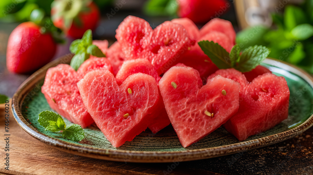 Watermelon slices creatively cut into heart shapes Watermelon slices creatively cut into heart shapes