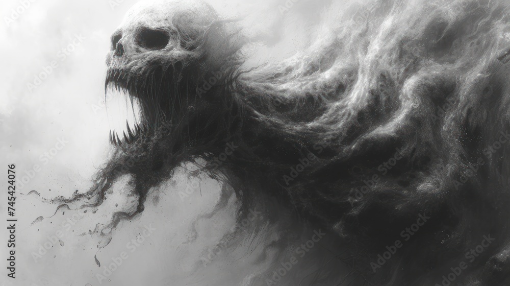 Skeletal Monster, Dark and Dreadful Creature, Horrifying Skull Beast, Grotesque Skeleton Entity. - obrazy, fototapety, plakaty 