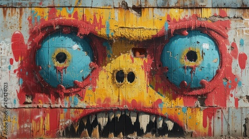 a close up of graffiti on a wall with two blue eyes and a yellow monster's mouth with red and blue paint on it's upper part of it.