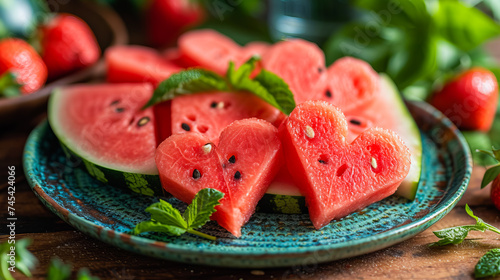 Watermelon slices creatively cut into heart shapes