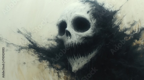 The Grinning Skull, Darkness and Death's Mask, Skeletal Fury, A Sinister Portrait of a Human Skull. photo