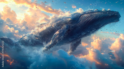 Whale in the Clouds. Floating Giants. Surreal Marine Landscape