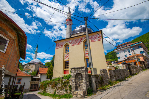 Striking Minaret of Varoška Mosque Rising Above the Streets of Travnik, Bosnia and Herzegovina photo