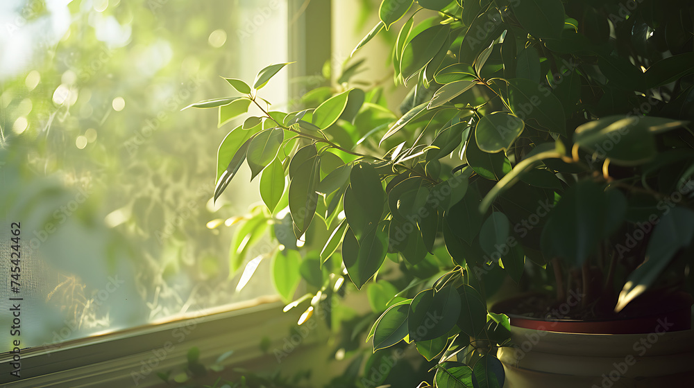 Planta verde exuberante iluminada pela suave luz natural em um parapeito de janela - obrazy, fototapety, plakaty 