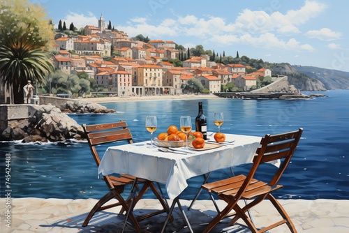 Mediterranean serenity. Covered dining table, digital painting for a relaxing holiday by the sea