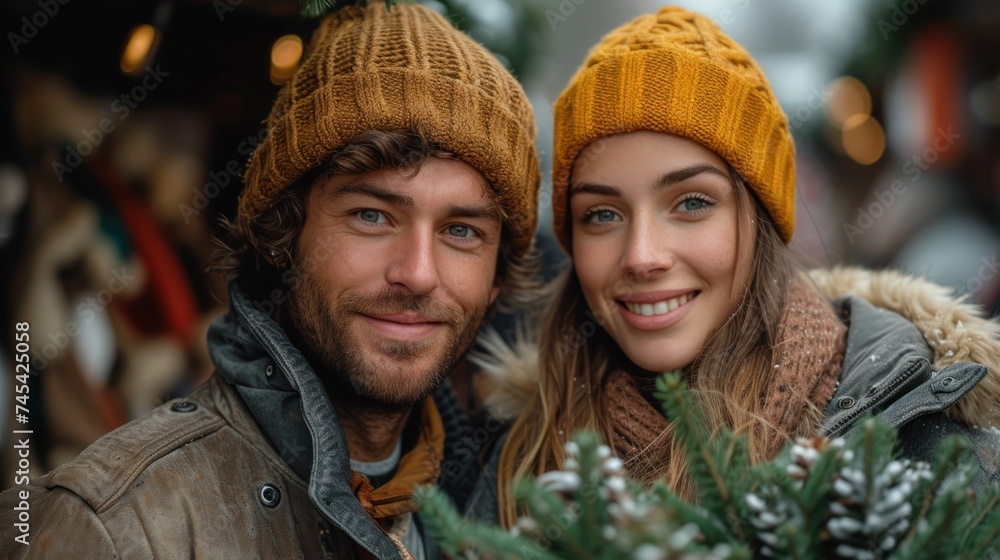 Holiday Couple, Warm Winter Smiles, Cute Christmas Couple, A Happy Holiday Pair. Holiday Couple, Warm Winter Smiles, Cute Christmas Couple, A Happy Holiday Pair.