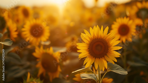 Campo de girass  is sob a luz dourada do sol poente capturado em uma ampla imagem com lente de 50mm
