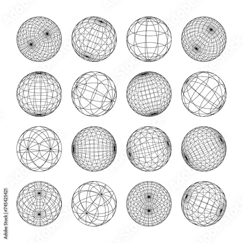 Wireframe shapes, lined sphere. Perspective mesh, 3d grid. Low poly geometric elements. Retro futuristic design elements, y2k, vaporwave and synthwave style. Vector illustration