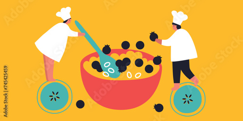 Tiny People cooking on kitchen. Vector flat illustration. Collection of various cartoon man, woman preparing food.