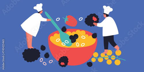 Tiny People cooking on kitchen. Vector flat illustration. Collection of various cartoon man, woman preparing food.