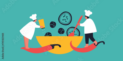 Tiny People cooking on kitchen. Vector flat illustration. Collection of various cartoon man, woman preparing food.