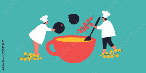 Tiny People cooking on kitchen. Vector flat illustration. Collection of various cartoon man, woman preparing food.