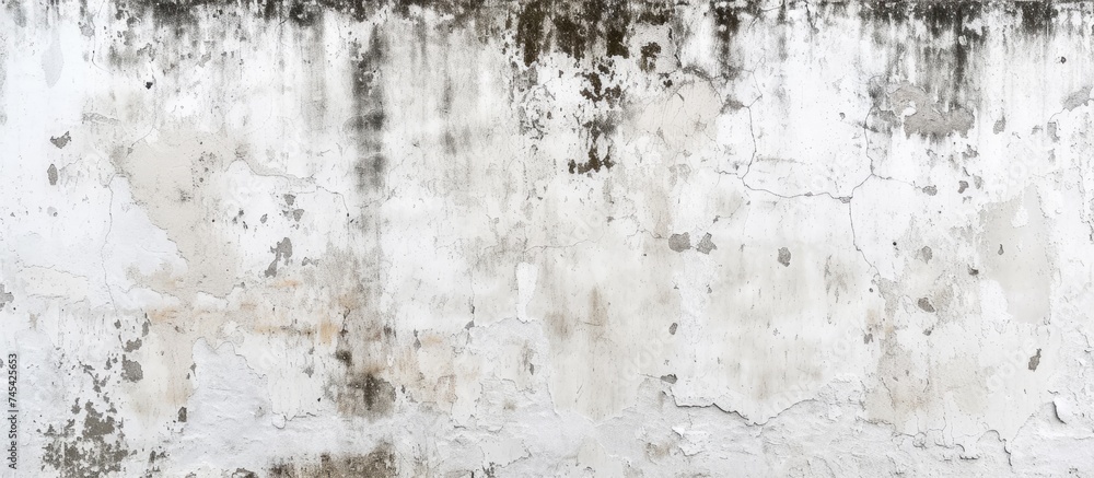 Fototapeta premium A black and white photograph showing an old, dirty white cement wall with a unique and genuine vintage charm. The walls texture is prominent, adding character to the overall appearance.