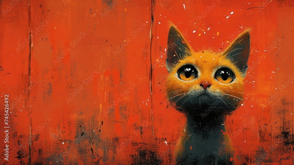Obraz premium The Cat's Eyes, Orange and Red Background, The Cat's Whiskers, A Feline Portrait.