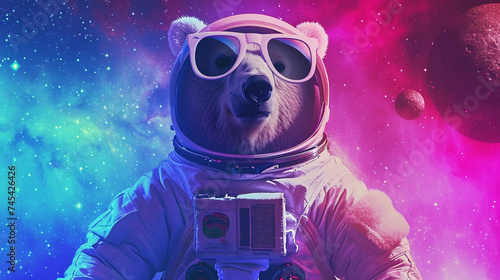Polar bear dressed in astronaut suit with sunglasses Magical Galaxy Star background. Generative Ai © We3 Animal