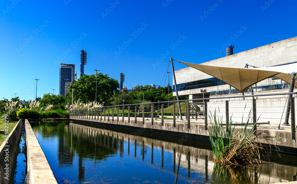 Rosario city, Santa Fe, Argentina. Parana river municipal Aquarium building panoramic view.