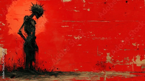  a painting of a skeleton standing in front of a red wall with a spiky crown on it's head and a spiky haircut on it's head. © Wall