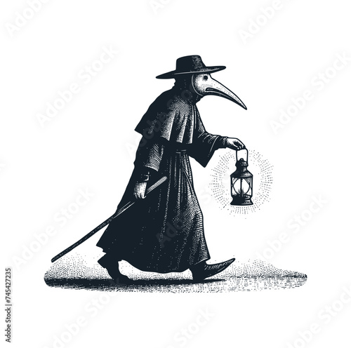 The Plague Doctor hold a vintage lantern. Black white vector illustration.