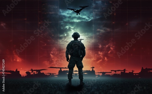 A special soldier is depicted observing the wartime situation and the advancement of his military army through holographic displays, showcasing strategic analysis and tactical planning in a high-tech