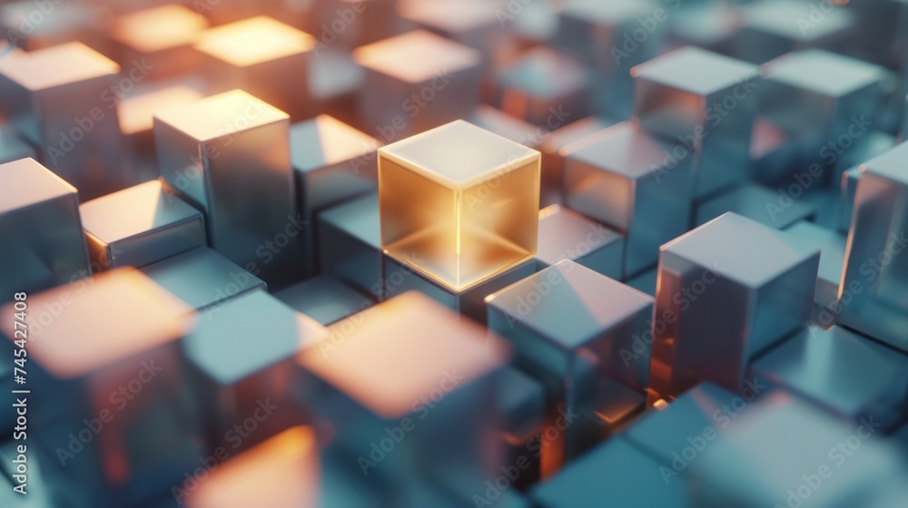 A 3D rendering illustrates the concept of business teamwork, showing blocks assembling into a cube A 3D rendering illustrates the concept of business teamwork, showing blocks assembling into a cube