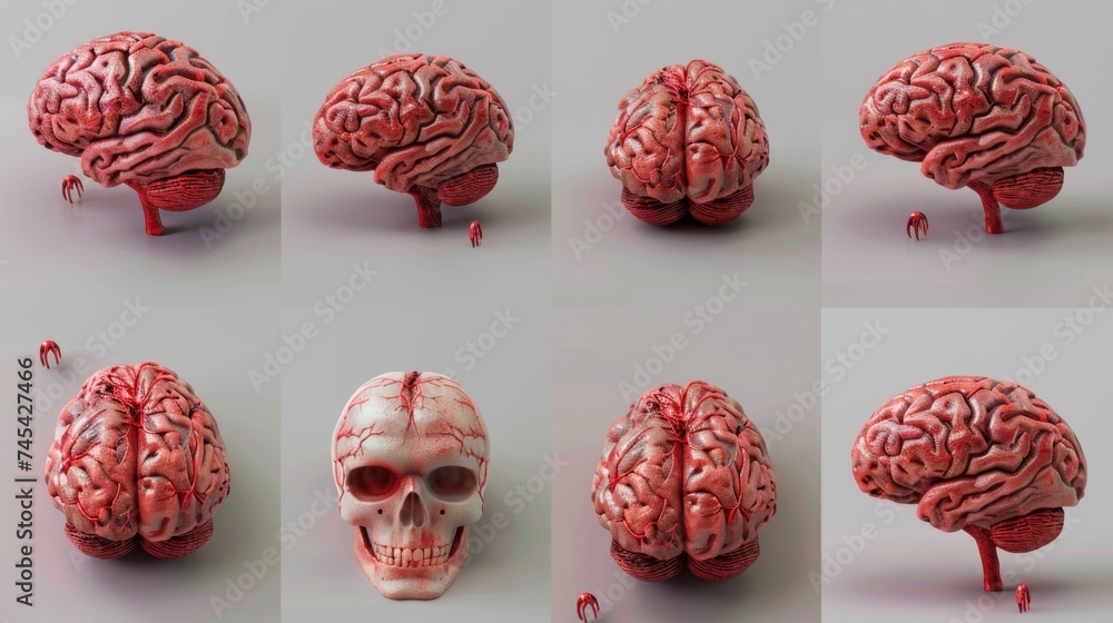 A computer-generated 3D model of a brain, displayed from multiple angles - obrazy, fototapety, plakaty 