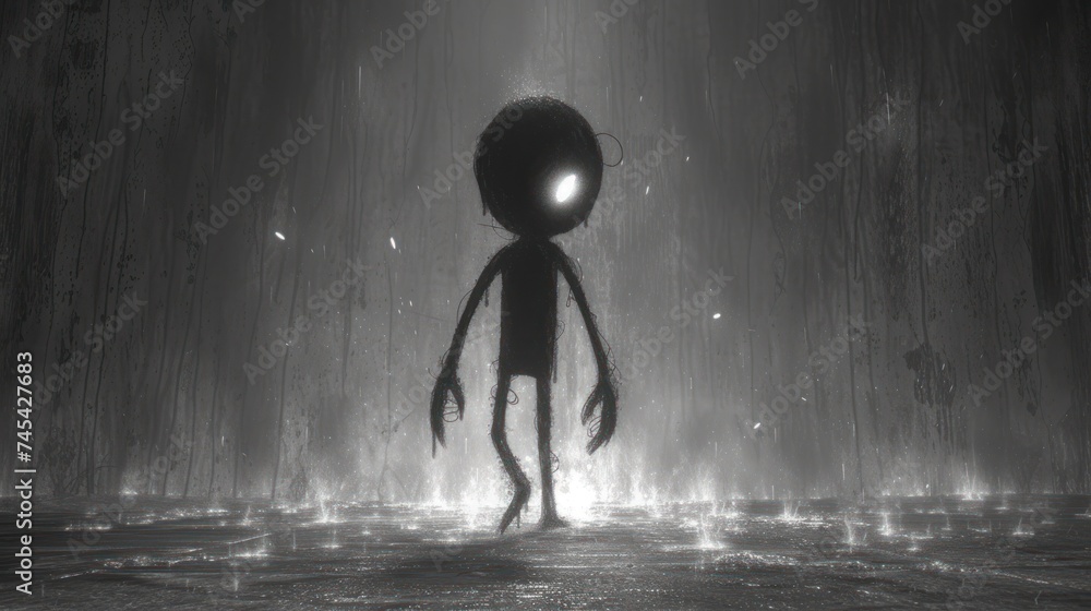 Obraz premium a black and white photo of a person standing in a dark room with a light on their head and a flashlight shining in the middle of the darkness above them.