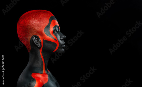 The Art Face. Download High Resolution Picture with Black and yellow body paint on african woman. Create Album Template with Creative Image. Copy space for your text