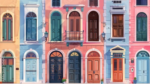 Vector illustration featuring colorful front doors of houses and buildings, depicted in a flat design style and isolated