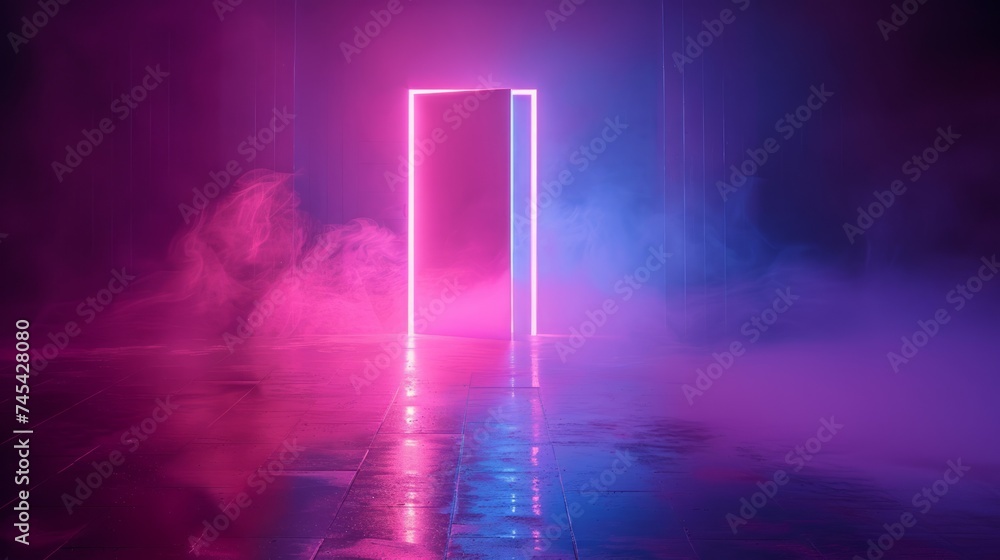 Mystical portal illuminated by neon lights in a foggy atmosphere, a conceptual artistic image reflecting a journey to another dimension