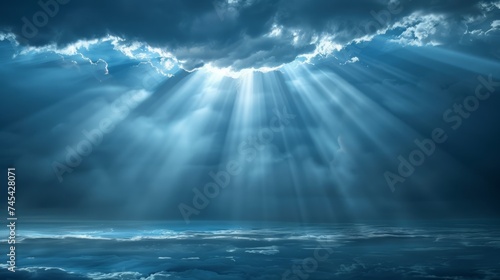a mystical and serene ocean scene, the sun's rays breaking through the dark clouds creating a dramatic effect. Rays of light illuminate parts of the calm sea surface