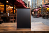 Blank blackboard near outdoor restaurant on pavement street of city on blurred background. Mock up board for menu text or advertising