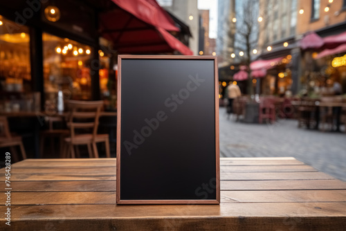 Blank blackboard near outdoor restaurant on pavement street of city on blurred background. Mock up board for menu text or advertising photo