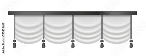 White classic curtains with 3D drapery and black cord, luxury satin, silk or velvet fabric vector illustration photo