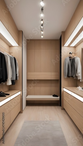 A modernly designed dressing room with light wood interiors.