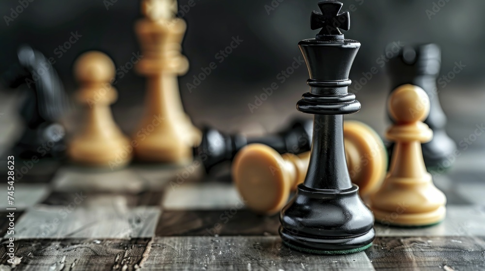 A tall chess king amidst a fallen opposition highlights strategy, leadership, and victory. - obrazy, fototapety, plakaty 
