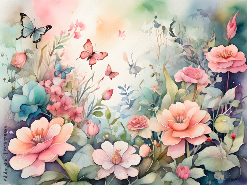 light watercolor image of a beautiful whimsical garden
