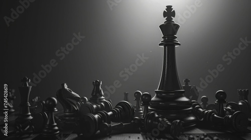 A chess king, symbolizing strategy, leadership, and victory, stands tall among fallen opponents.