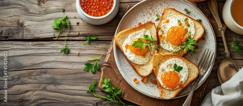 A white plate holds a rustic breakfast consisting of eggs cooked to perfection and golden toast. The dish is adorned with caviar, cheese, and fresh greens, creating a visually appealing and appetizing