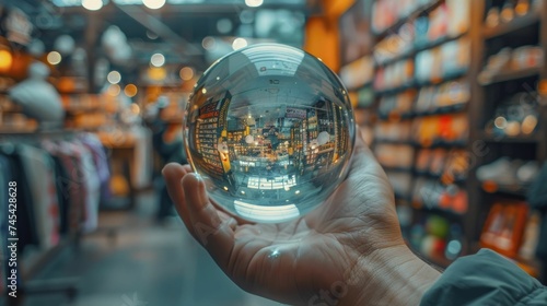 A crystal ball revealing the future of shopping, with images of virtual stores and digital products, forecasting the evolution of e-commerce.