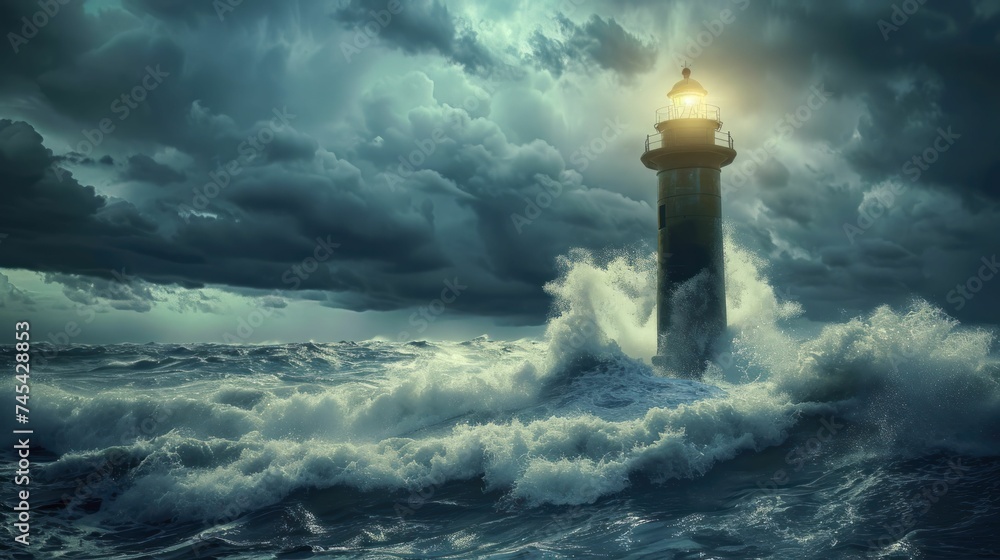A beacon of hope in turbulent waters, leading to security and triumph in the face of adversity.