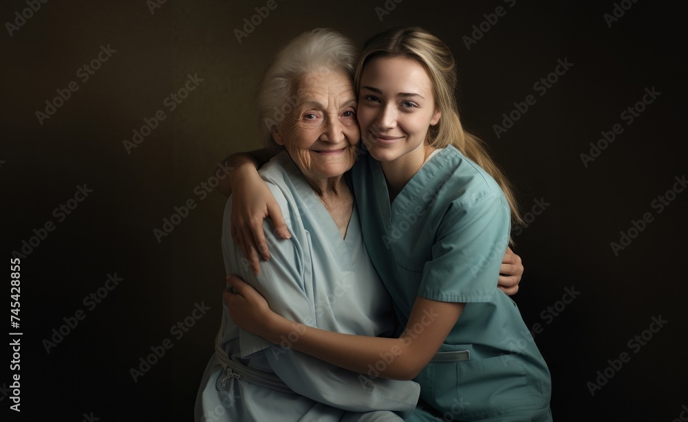 A symbolic portrayal depicts a nursing sister providing compassionate care to an elderly lady in a nursing home, offering not just medical assistance but also warm conversation and a comforting A symbolic portrayal depicts a nursing sister providing compassionate care to an elderly lady in a nursing home, offering not just medical assistance but also warm conversation and a comforting
