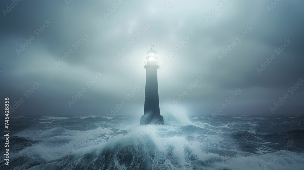 A lighthouse shines brightly over stormy seas, guiding the way through safety and success despite challenges.