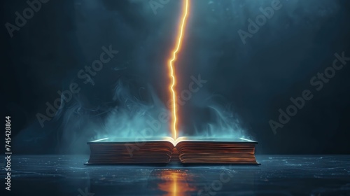 A solitary lightning bolt hits a simple book, representing the immense influence of education on business.
