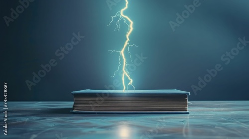 A lone lightning bolt hitting a simple book signifies knowledge's force in business growth. photo