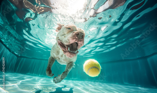 American Pit Bull Terrier diving in swimming pool water to catch a tennis ball gaming Fetch pet game. Ridiculous portrait with wide opened mouth showing strong canine teeth. Lovely pets concept image. photo