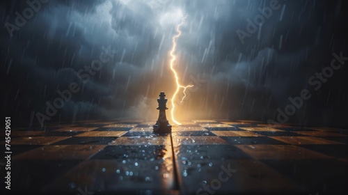 A single thunder strike illuminating a chessboard, representing strategic moves in business during turbulent times. photo